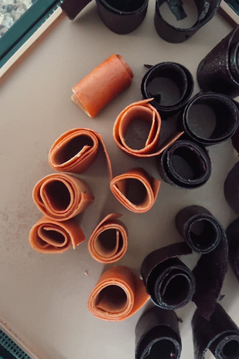 Rolled fruit leather on a dehydrator tray.