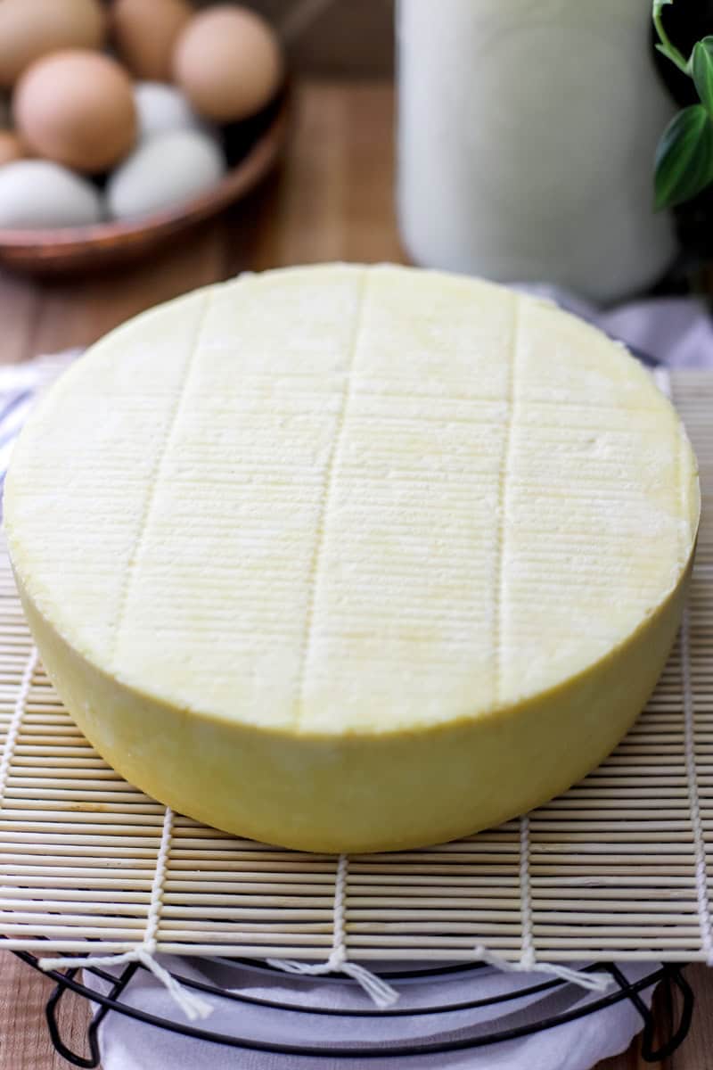 A wheel of cheddar cheese drying on a bamboo mat.
