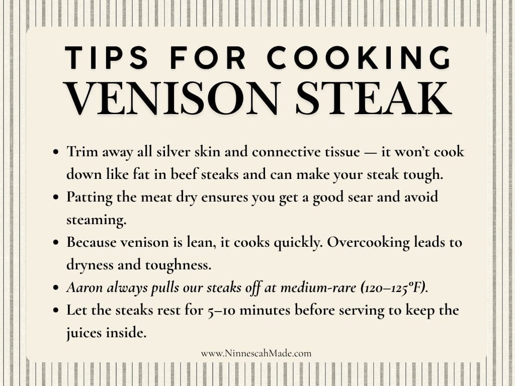 A graphic with top tips for cooking venison steak.