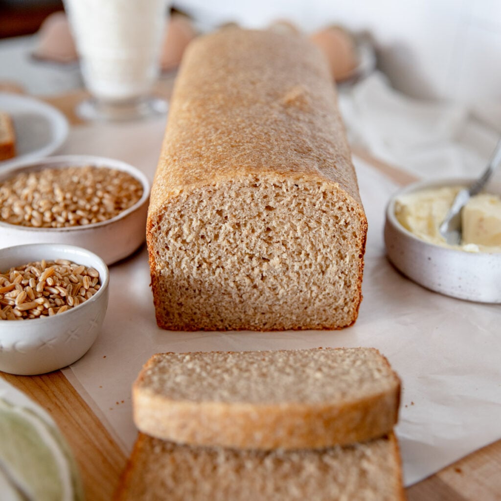 Close-up of sliced whole wheat sourdough sandwich bread showing soft, tight crumb and golden color.