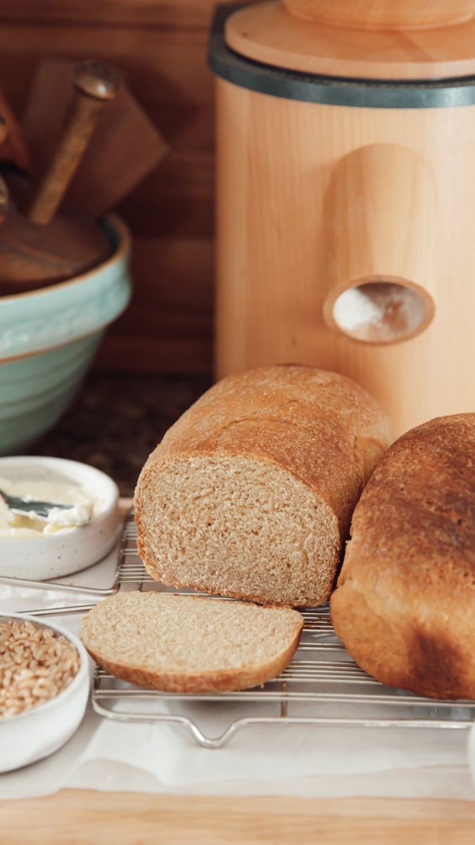 Two loves of whole wheat sandwich bread in front of a grain mill, one is sliced to show crumb the other is whole.