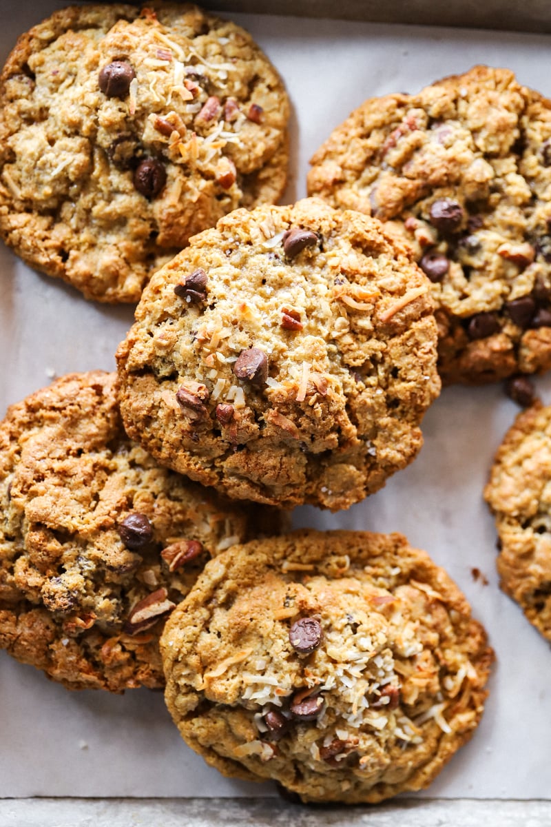 Top view of cowboy cookies showing the detail of the chocolate chips, coconut and pecan pieces.