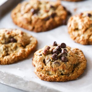 Detailed view of the best Cowboy Cookies with fresh-milled flour and thick, chewy, hearty cookies packed with oats, coconut, pecans, and chocolate.