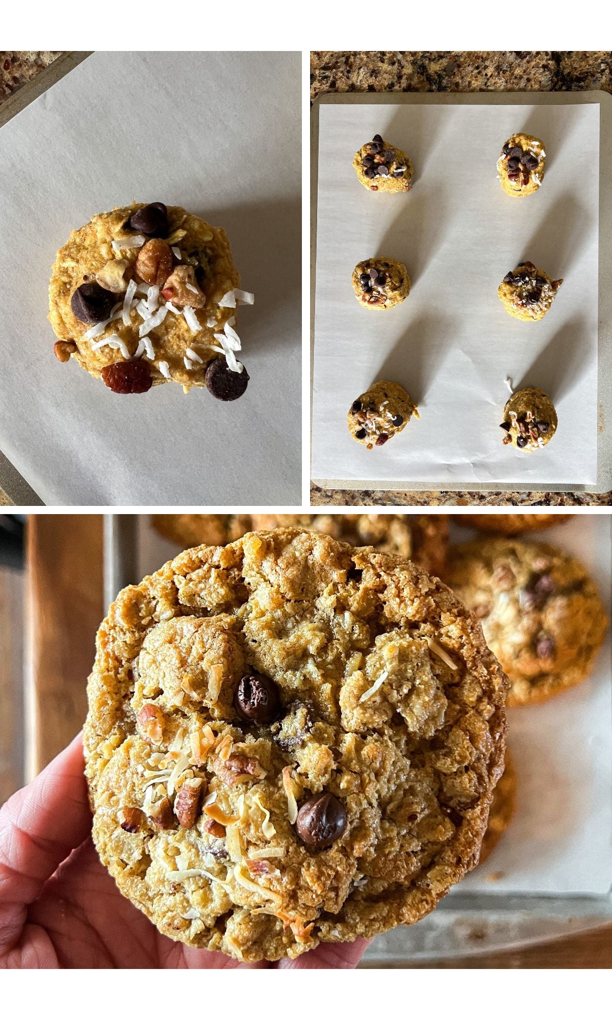 A collage of 3 photos that shows how to shape the dough ball for cowboy cookies, proper spacing on the baking sheet, and a baked cookie showing the detail of the coconut, pecans, and chocolate chips.