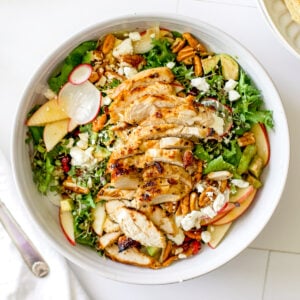 Harvest chicken salad topped with sliced chicken breast, apples, pecans, feta cheese, avocado, and radishes over mixed greens.