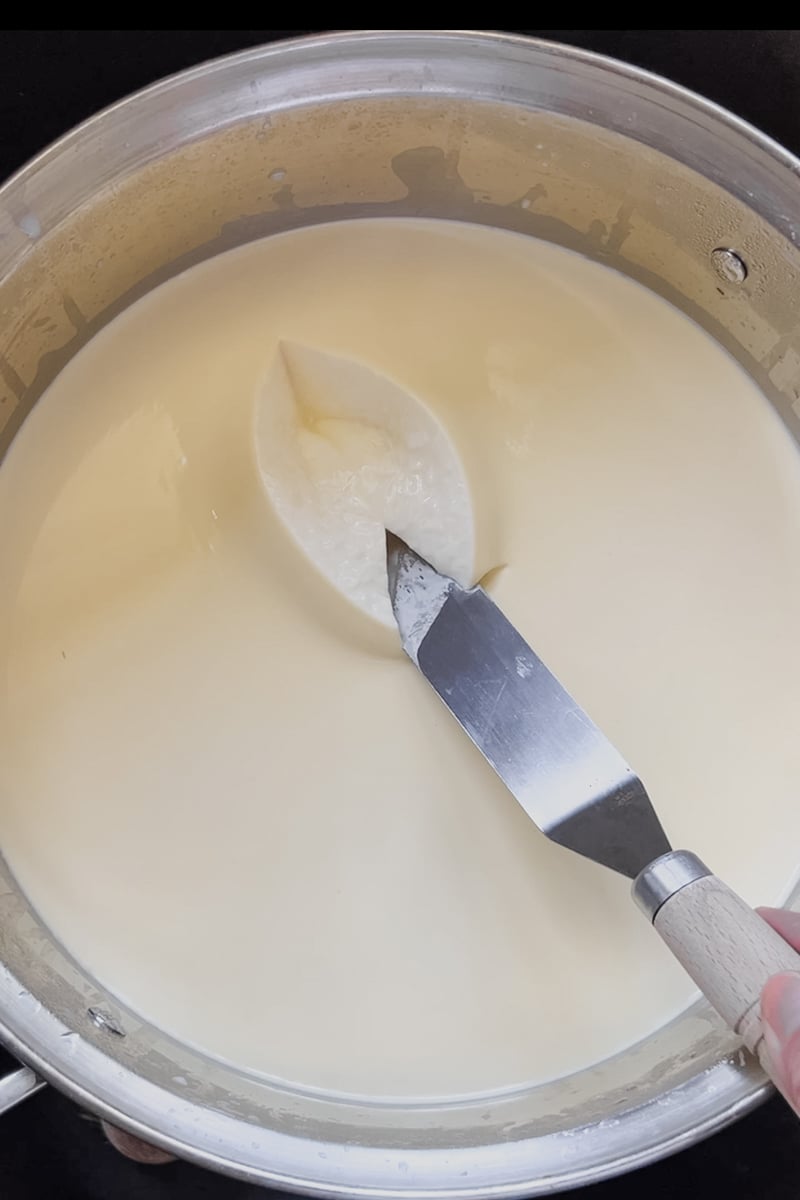 Clean break test during homemade cheddar cheese curd cheesemaking process.