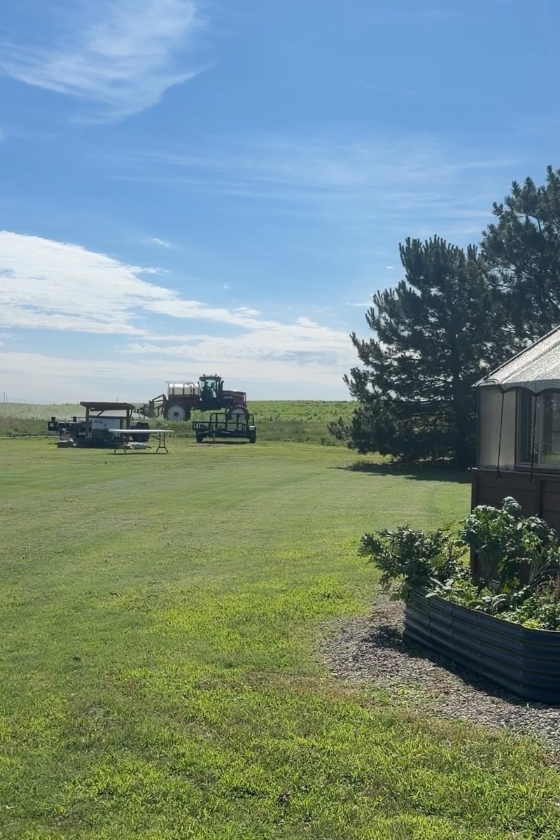 Agricultural spray rig applying herbicide in the neighboring field beside my vegetable garden shortly before herbicide drift damaged my tomatoes, peppers, and cucumbers.